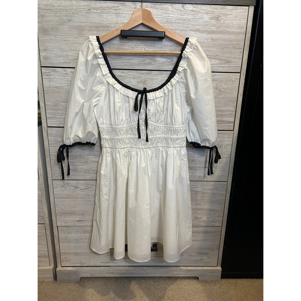 American Eagle White Puff Sleeve Smocked Mini Dress Black Trim Coquette Medium